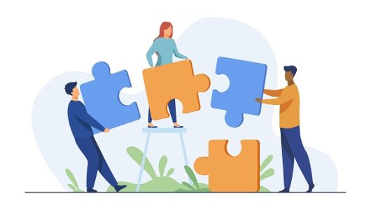 Partners holding big jigsaw puzzle pieces Partners holding big jigsaw puzzle pieces flat vector illustration. Successful partnership, communication and collaboration metaphor. Teamwork and business cooperation concept.